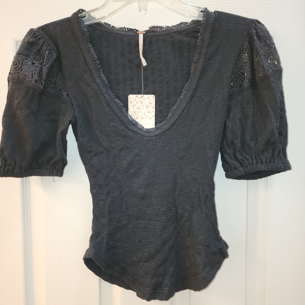 Free People Charcoal Lace Sleeve Blouse